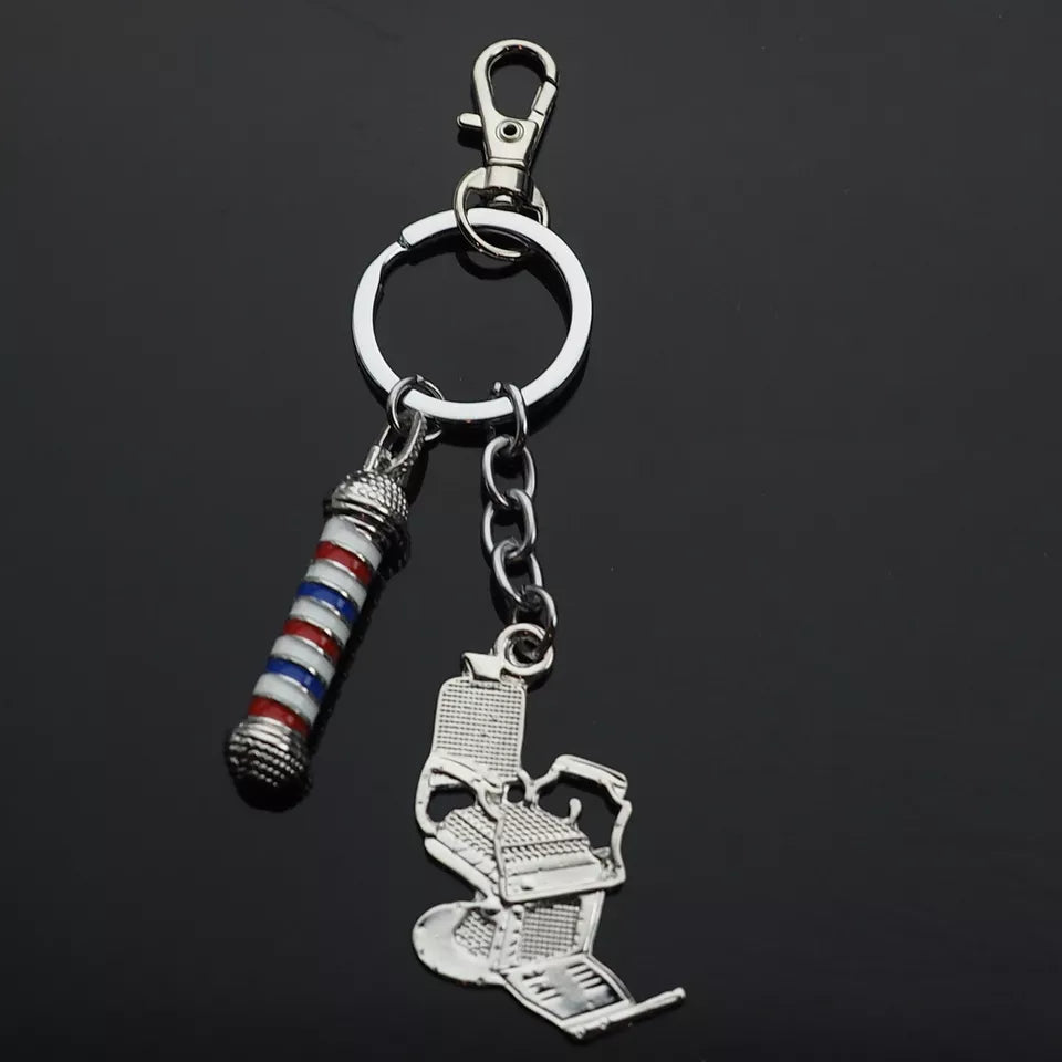 Barber Chair & Pole Charm Keychain Hairdressers Hair Stylist Keyring Women Men