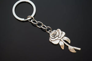 Beautiful Rose Flower Petal Stem Silver Charm Pendant Keychain Key Chain Gift