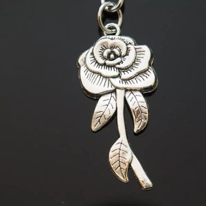 Beautiful Rose Flower Petal Stem Silver Charm Pendant Keychain Key Chain Gift