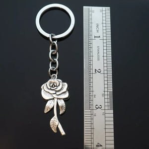 Beautiful Rose Flower Petal Stem Silver Charm Pendant Keychain Key Chain Gift