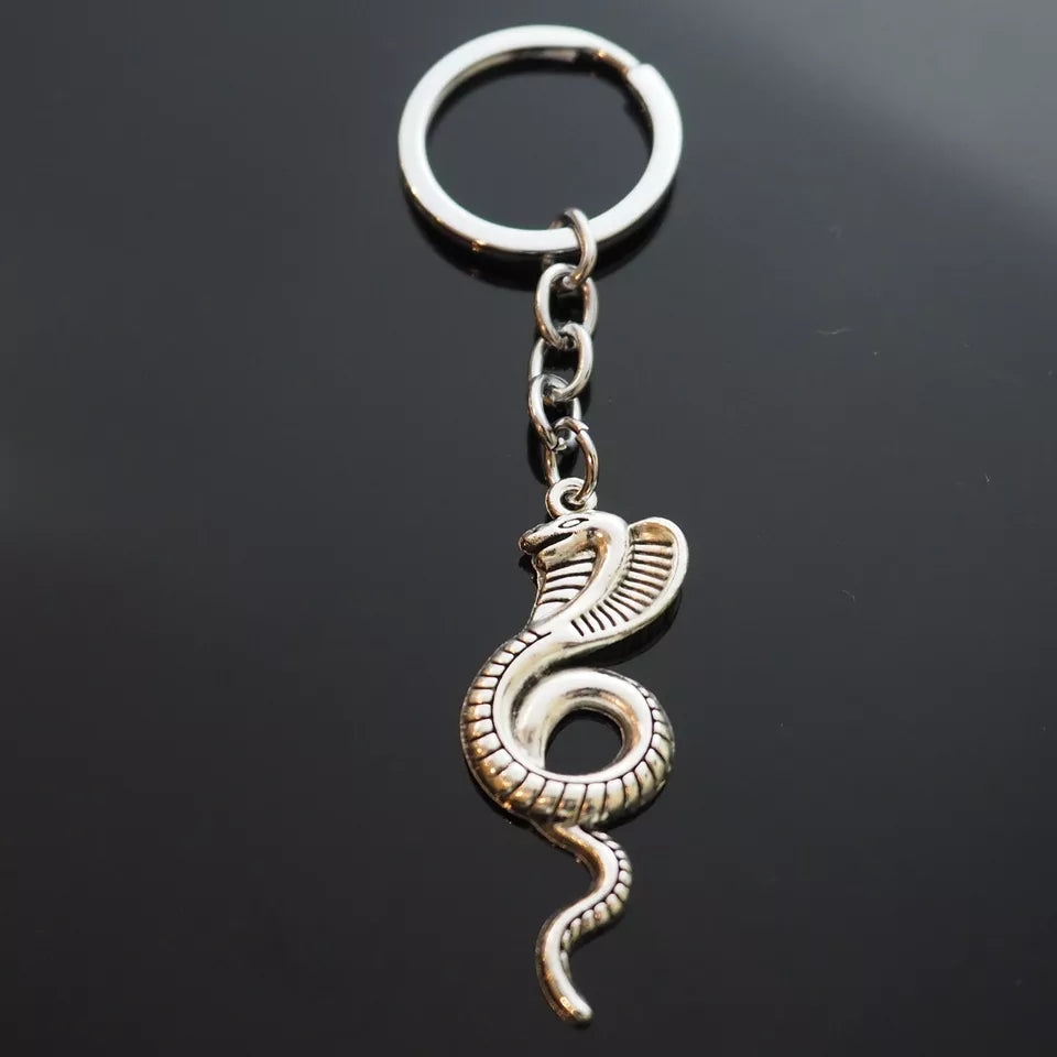 King Cobra Snake Coiled Lover Silver Charm Pendant Keychain Gift