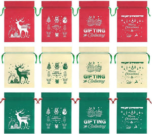 12 Pcs Santa Sacks Assorted Christmas Bag with Draw Strings Non Woven 12 Designs