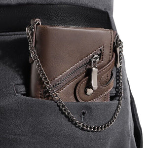 Men’s Leather Bifold Credit Card Holder Chain Wallet w/ Zip Coin Pockets Purse