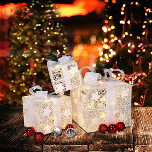Set of 3 Christmas Lighted Gift Boxes Holiday Decor Yard Home Warm White Light