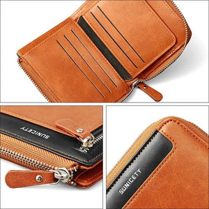 RFID Blocking Men's Bifold Leather ID Card Holder Wallet w/ 2 Zip Coin Pocket