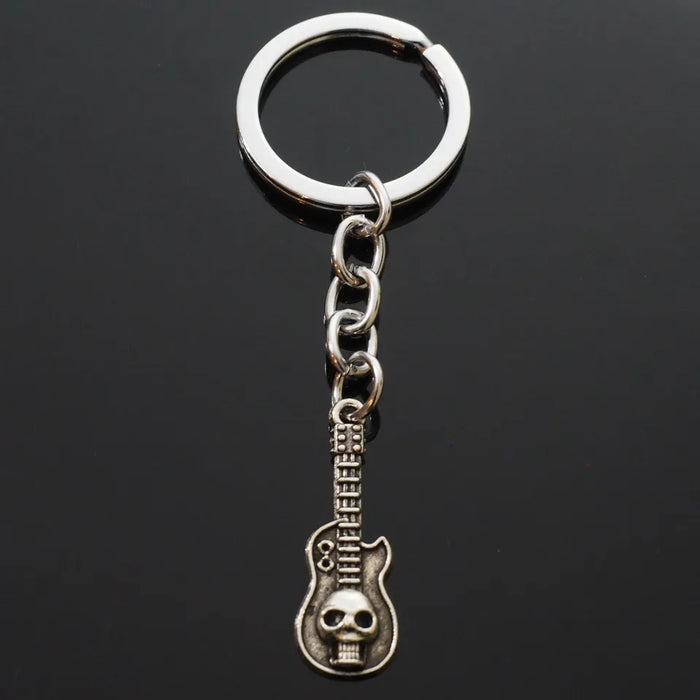 Guitar w/ Skull Rock & Roll Silver Charm Keychain Key Chain Gift Mexico Mexican