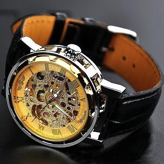 Classic Men's Gold Dial Skeleton Black Leather Mechanical Sport Army Wrist Watch