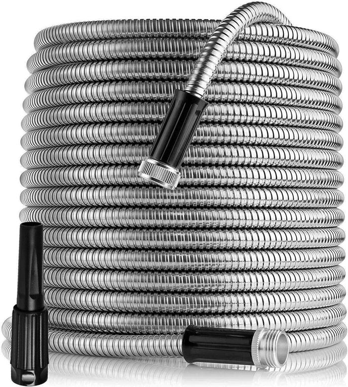 Stainless Steel Metal Garden Water Hose Connectable 6 Pattern Spray Nozzle 100ft