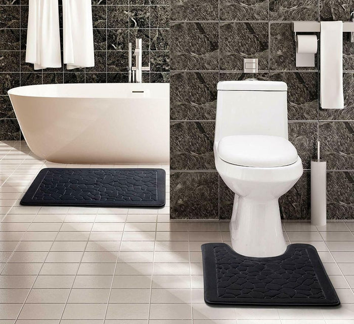 (Brand New) 2 Piece Set Memory Foam Bath Mat Cobble Bathroom Rugs Toilet Home Decor Hygiene Black