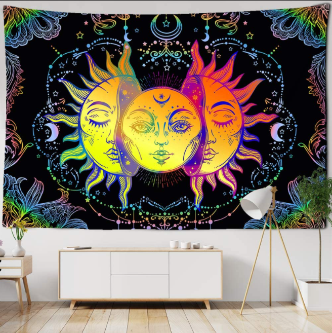🌜Sun Moon Tapestry Colorful Tarot Rainbow Black Mandala Wall Hanging Witchcraft Hippie 60x80"
