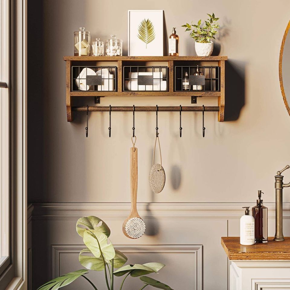Rustic Brown Hanging Coffee Bar Shelf f Rustic Brown - with 6 Hooks, 24”