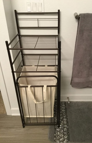 Bathroom Tower Hamper Organizer Features Tilt Out Laundry Hamper W/ 2 Shelves