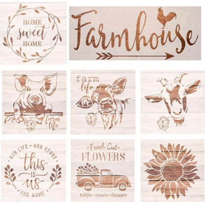 8 Farmhouse Stencils Farm Theme Reusable for Painting on Wood Cow/ Sunflower Vintage Truck 8x8