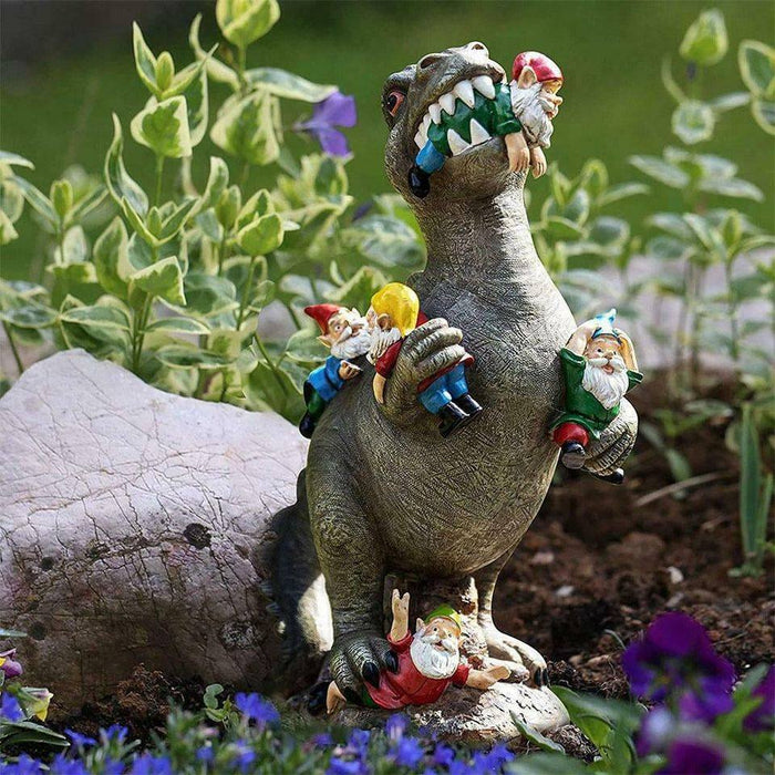 Garden Gnome Statues Outdoor Decor, Dinosaur Eating Gnomes Garden Art Outdoor