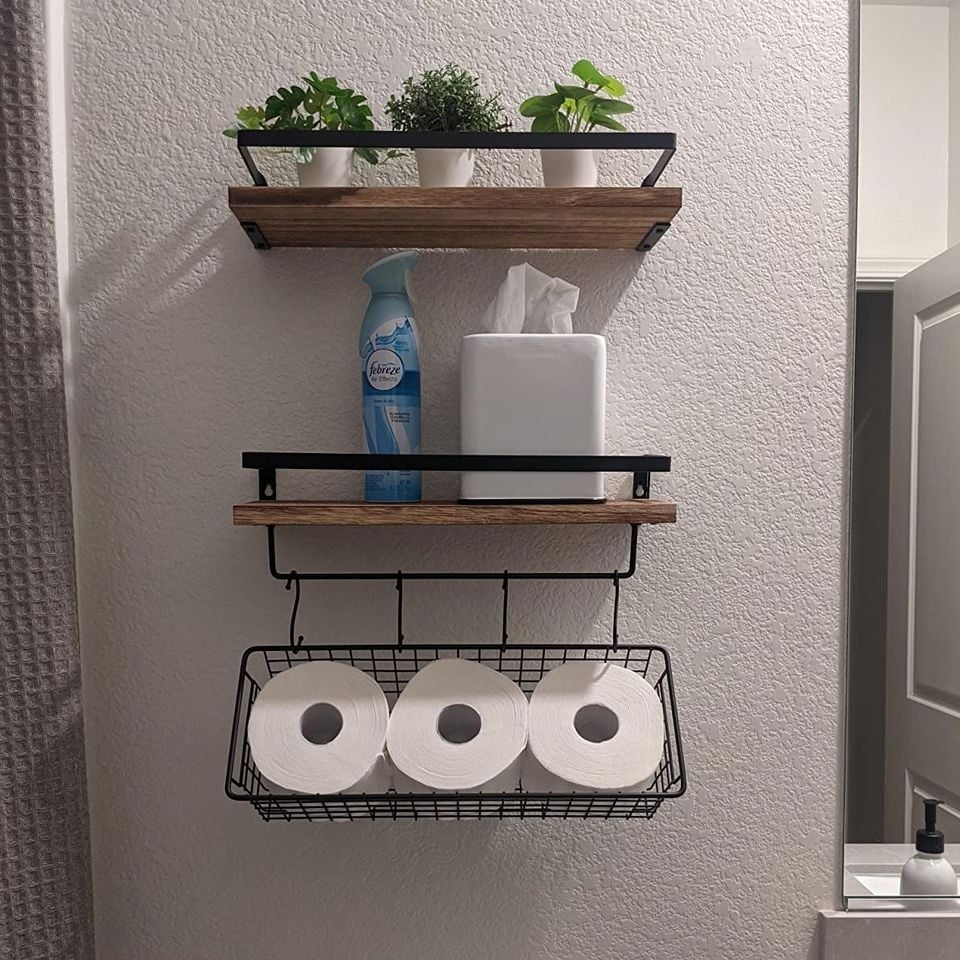 Set of 2 Brown Rustic Floating Shelves with Hooks and Towel Bar
