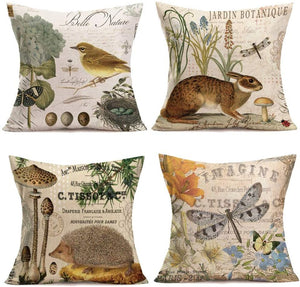 Set of 4 Adorable Vintage Animal Throw Pillow Covers - Rabbit Hedgehog Bird Dragonfly 18x18"