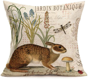 Set of 4 Adorable Vintage Animal Throw Pillow Covers - Rabbit Hedgehog Bird Dragonfly 18x18"