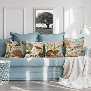 Set of 4 Adorable Vintage Animal Throw Pillow Covers - Rabbit Hedgehog Bird Dragonfly 18x18"