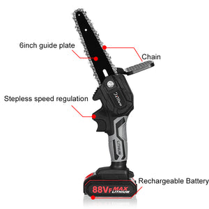 Mini Chainsaw, 6-Inch 88V Cordless Electric Portable Chain Saw with Rechargeable 2PCS Battery