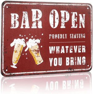 Bar Open Proudly Serving Whatever You Bring Wall Plaque Retro Vintage Metal Sign Man Cave Bar Funny Door Sign 12 x 8