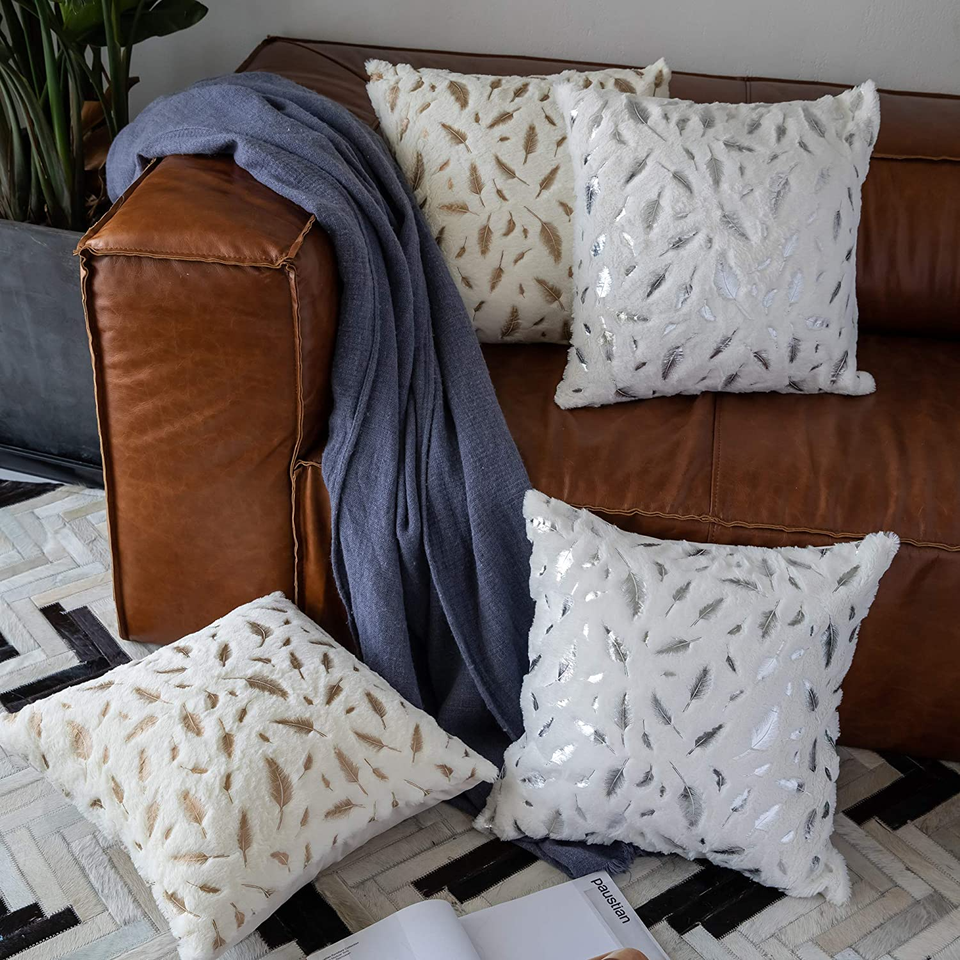 Set of 2 White Fur with Silver Leaves Soft Throw Pillow Covers