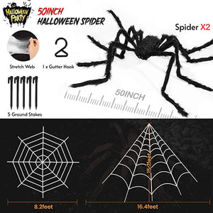 Halloween Decorations, 2Pcs 50'' Giant Spider + 200'' Triangular Spider Web and 100'' Round Spider