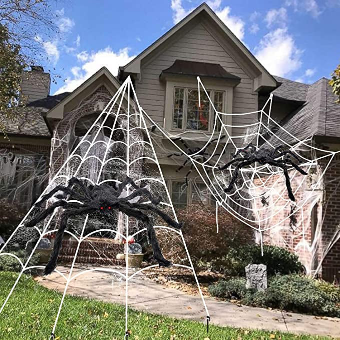 Halloween Decorations, 2Pcs 50'' Giant Spider + 200'' Triangular Spider Web and 100'' Round Spider
