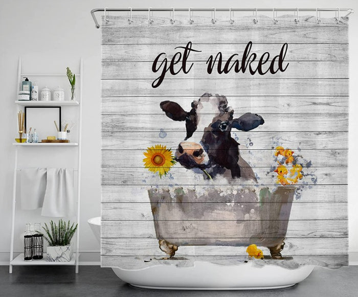 Funny Cow Get Naked Shower Curtain 72x72 Inch Farmhouse Animal Cattle & Sunflower with Hooks