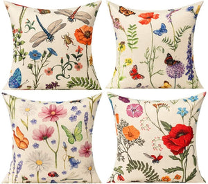 NEW | Set of 4 Vintage Spring Dragonfly Flowers Floral Throw Pillow Covers Home Decor 18x18