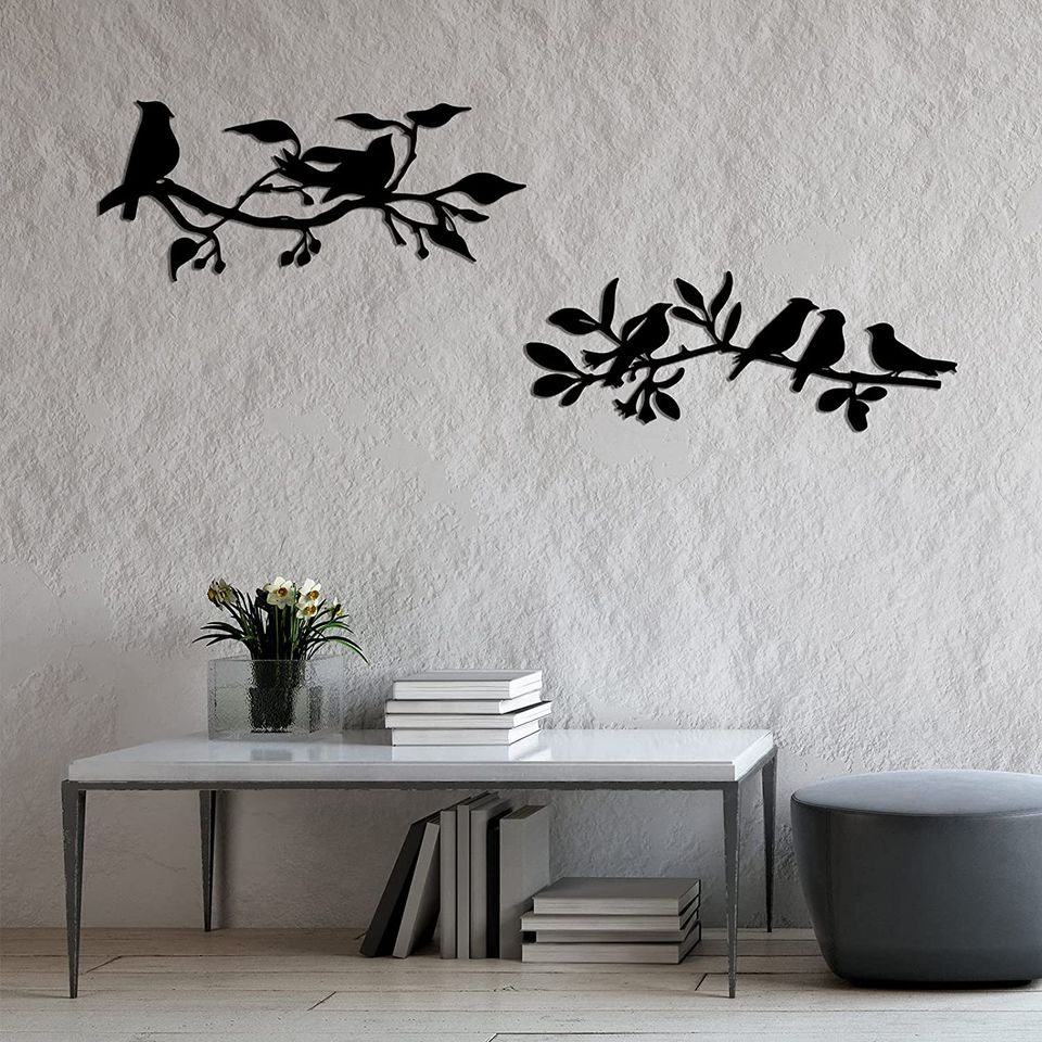 (Set of 2) 2 Pieces Birds on Branch Metal Wall Art Decor Bird Silhouette Wall Sculpture Black, Rustic