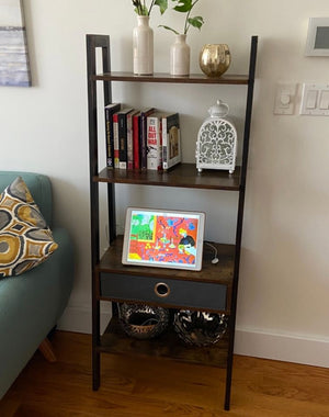 Ladder Shelf with Drawer, Wood Ladder Bookshelf, 4-Tier Leaning Utility Organizer Shelves