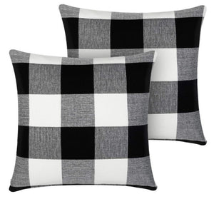 Set of 2 Black & White Buffalo Plaid Cotton Linen Pillow Cases for Farmhouse Home Decor, 18x18in