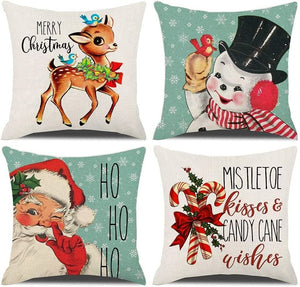 Set of 4 Vintage Farmhouse Christmas Pillow Covers Snowman Santa Candy Cane Reindeer Decor