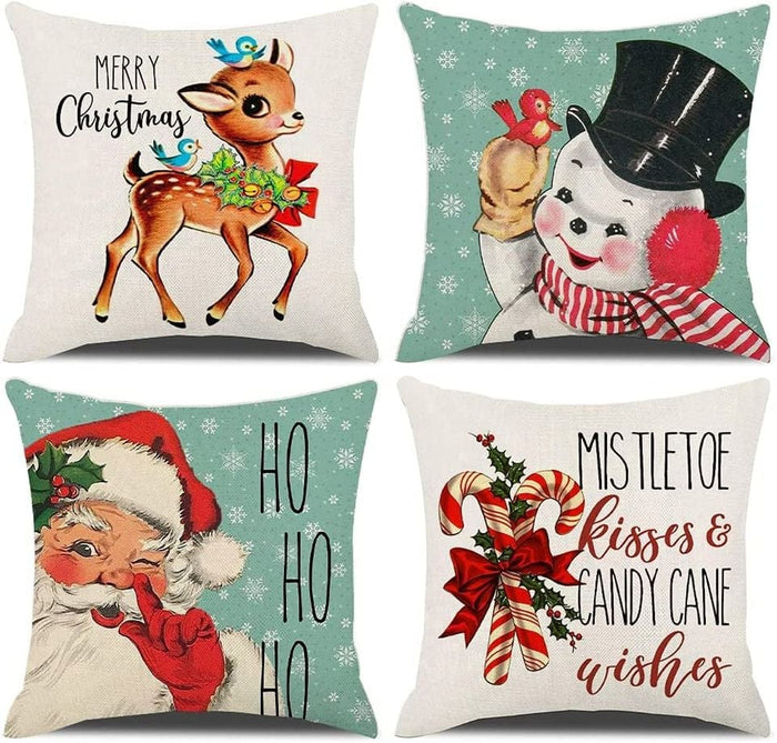 Set of 4 Vintage Farmhouse Christmas Pillow Covers Snowman Santa Candy Cane Reindeer Decor