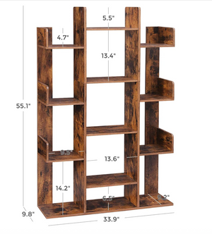 Bookshelf, Tree-Shaped Bookcase with 13 Storage Shelves, Rounded Corners, 33.9”L x 9.8”W x 55.1”H