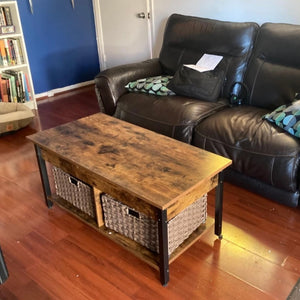 Lift Top Coffee Table with Storage and Rattan Baskets, Rustic Wood Raisable Top Central Table