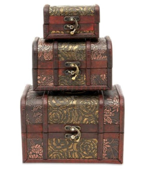 Set of 3 Small Wooden Treasure Chest Box for Jewelry Storage