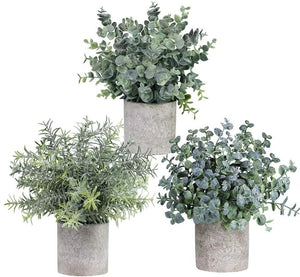 Set of 3 Mini Potted Artificial Eucalyptus Green Rosemary Plants for Home Decor Office