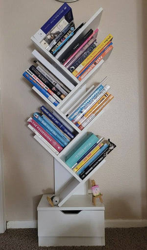 7-Shelf Rack Bookcase, Wooden Tree Bookshelf, Free Standing Book Storage Organizer