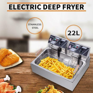 NEW Deep Fryer 22L Large Tank Restaurant Stainless Steel 5000W Commercial Home Safe Wooden Handles Temperature Control