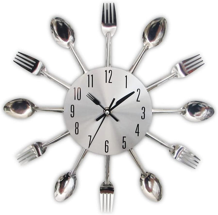 Kitchen Wall Clock | Silver | Creative Cutlery Kitchen Spoon Fork