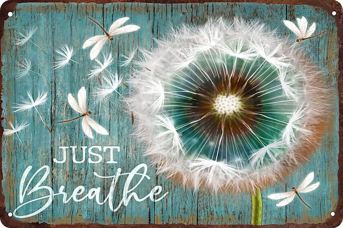 Just Breathe Dandelion Dragonfly Metal Tin Sign Vintage Metal Tin Sign 8x12 Inch