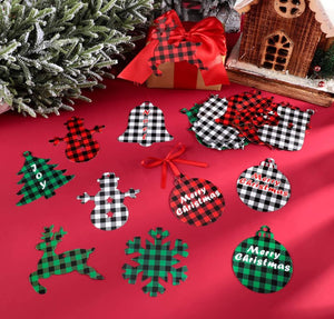 NEW !! 60 Pcs Christmas Buffalo Plaid Ornaments Christmas Trees Snowmen Snowflakes Bells