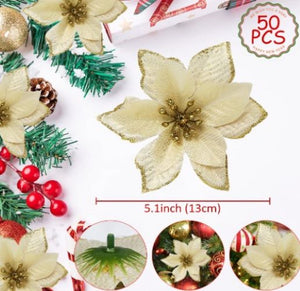 50 Pcs Poinsettia Christmas Decorations, Christmas Tree Flowers