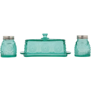 The Pioneer Woman Adeline Glass Butter Dish with Salt And Pepper Shaker Set, Turquoise