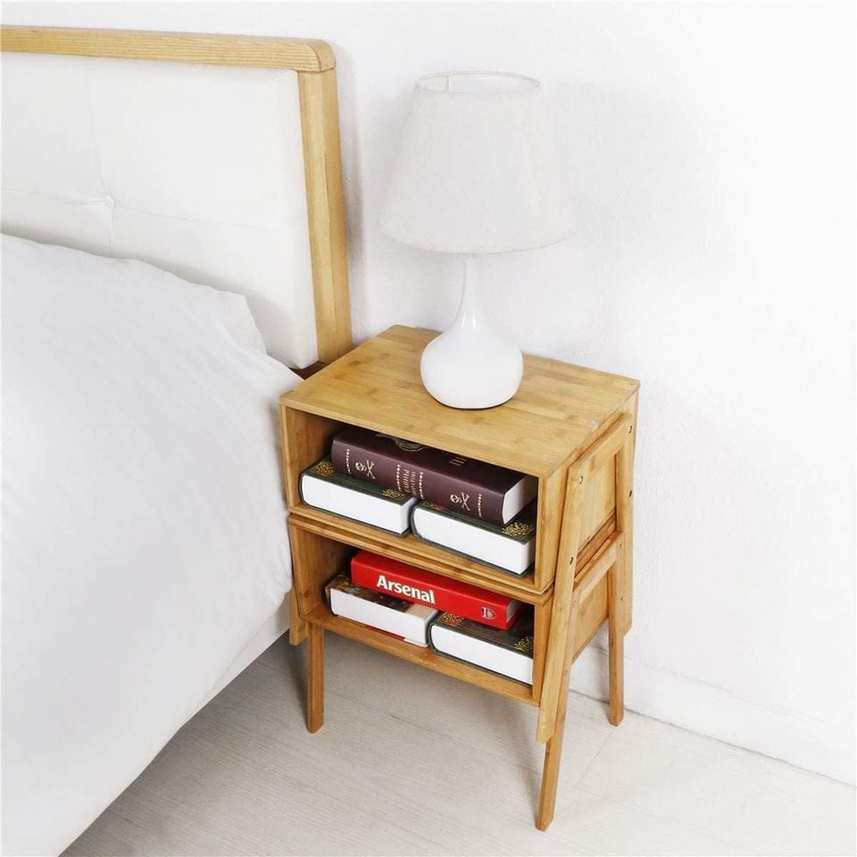 Set of 2 Beautiful Bamboo Stackable End Tables, Living Room Nightstand, Bedside Tables indoor