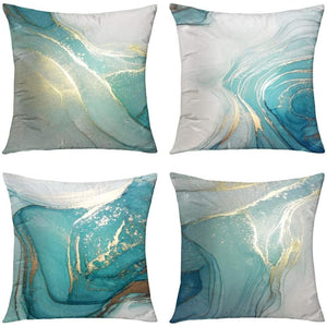 Set of 4 Marble Texture Turquoise and Gold Silver Decorative Throw Pillow Covers 18 x 18 Inch
