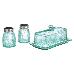 The Pioneer Woman Adeline Glass Butter Dish with Salt And Pepper Shaker Set, Turquoise