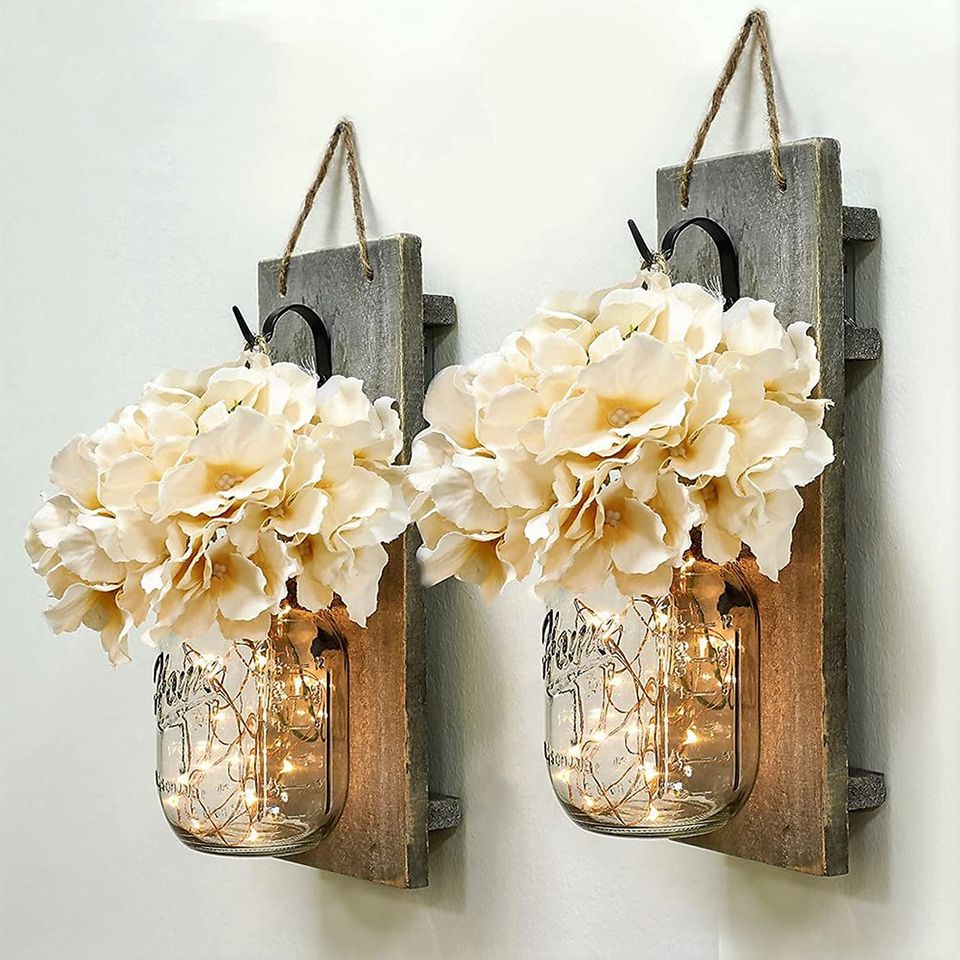 🔥NEW!Set of 2 Rustic Mason Jar Wall Decor Sconces with LED Fairy Lights & Flowers,FARMHOUSE