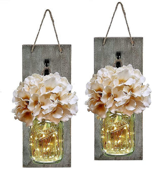 🔥NEW!Set of 2 Rustic Mason Jar Wall Decor Sconces with LED Fairy Lights & Flowers,FARMHOUSE